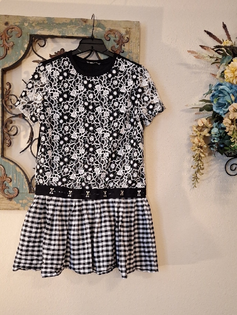 Zara Black & White Lace Mix Gingham Pleated Mini Dress. NWOT Size Small - Picture 4 of 12